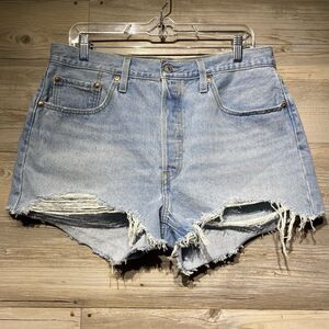 Levis 501 Cutoff Denim Jean Shorts Premium Big E Womens 32 High Rise Button-Fly